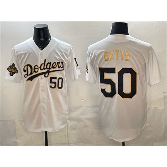 LA.Dodgers #50 Mookie Betts White Gold 2025 World Series Champions Patch Limited Stitched Jersey