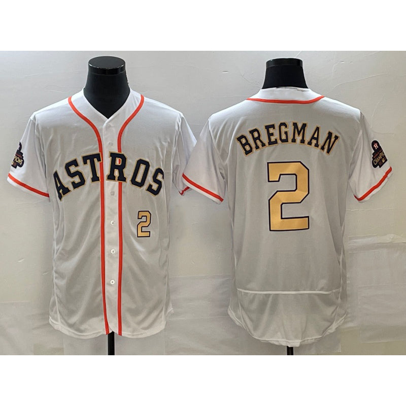 H.Astros #2 Alex Bregman Number 2023 White Gold World Serise Champions Patch Flex Base Stitched Jersey