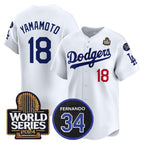 LA.Dodgers #18 Yoshinobu Yamamoto White 2024 World Series With Fernando Memorial Patch Limited Stitched Jerseys