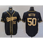 LA.Dodgers #50 Mookie Betts Number Black Gold World Series Champions Cool Base Stitched Jersey