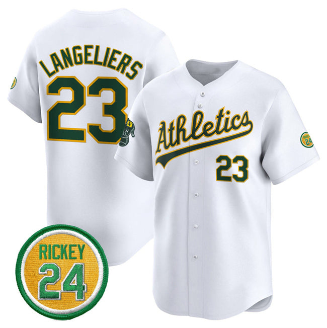 O.Athletics #23 Shea Langeliers White 2024 Home Limited With Rickey Henderson Patch Stitched Jersey