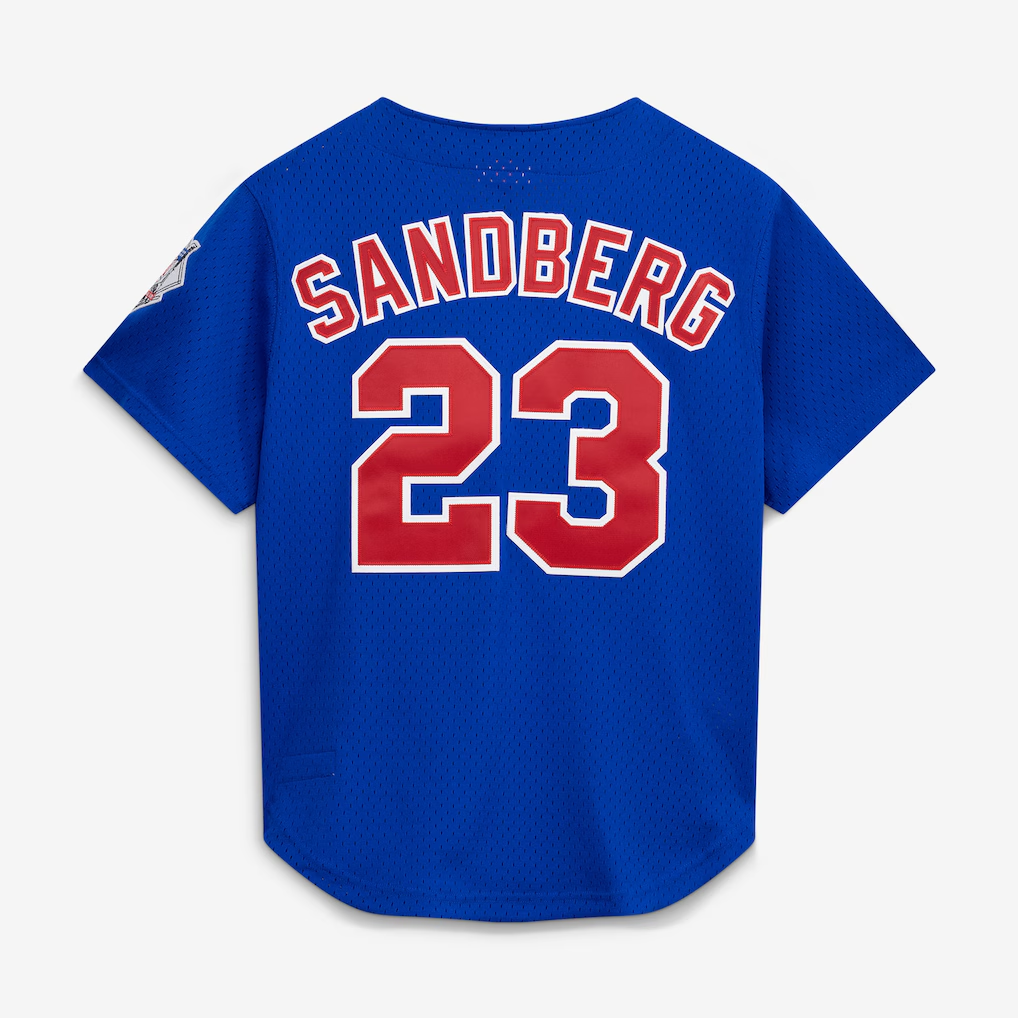 C.Cubs #23 Ryne Sandberg Mitchell & Ness Royal Cooperstown Collection 1997 Mesh Batting Practice Button-Up Jersey