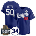 LA.Dodgers #50 Mookie Betts Royal 2024 World Series With No.34 Patch Cool Base Stitched Jersey