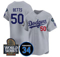 LA.Dodgers #50 Mookie Betts Grey 2024 World Series With Fernando Memorial Patch Limited Stitched Jersey