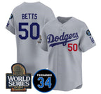 LA.Dodgers #50 Mookie Betts Grey 2024 World Series With Fernando Memorial Patch Limited Stitched Jersey