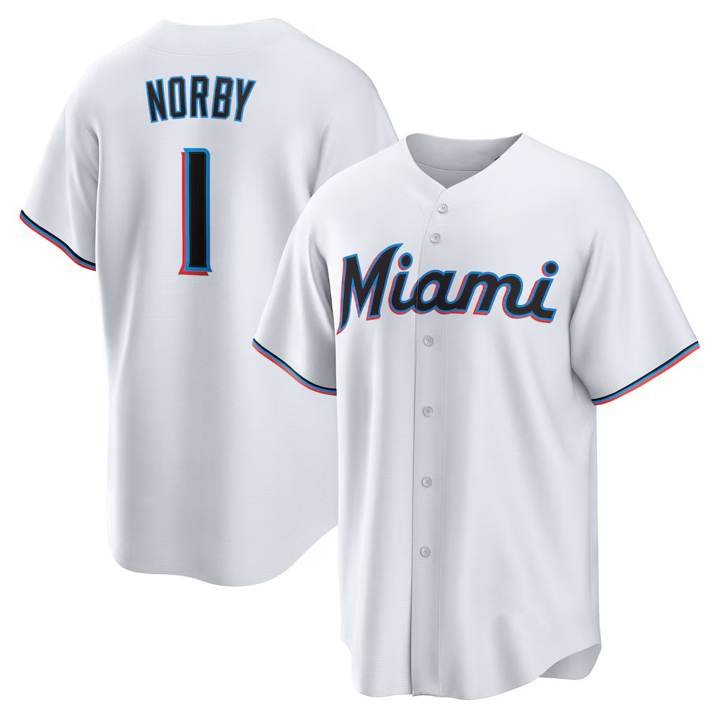 M.Marlins #1 Connor Norby White Home Replica Jersey