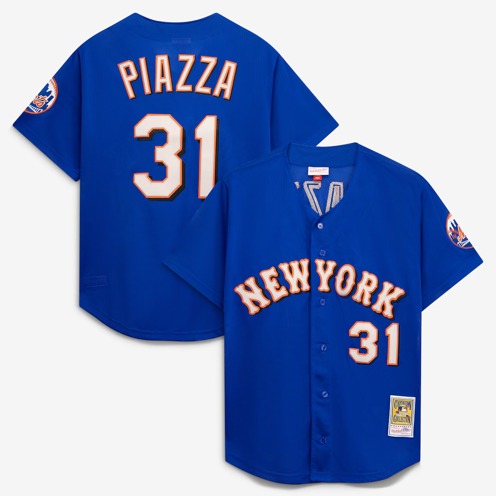 NY.Mets #31 Mike Piazza Mitchell & Ness Royal Cooperstown Collection Mesh Batting Practice Button-Up Jersey