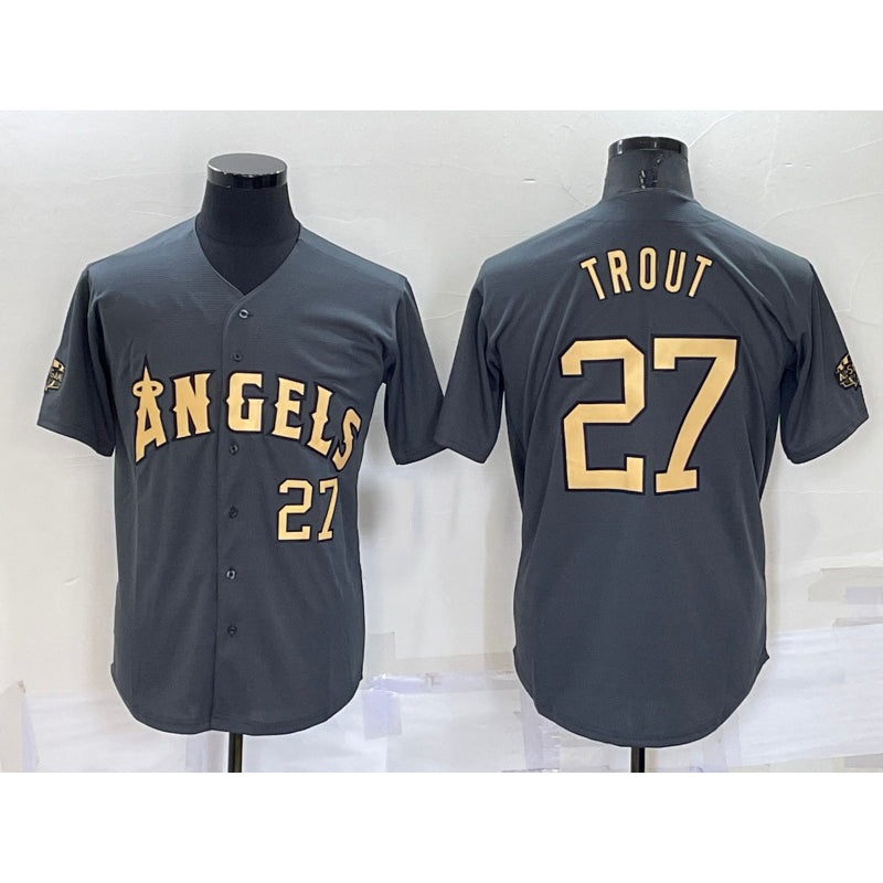 LA.Angels #27 Mike Trout Number Grey 2022 All Star Stitched Cool Base Jersey