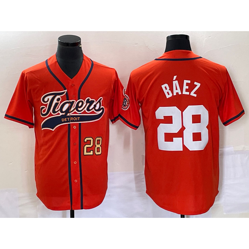 D.Tigers #28 Javier Baez Number Orange Cool Base Stitched Jersey