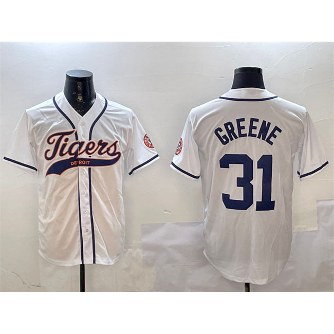 D.Tigers #31 Riley Greene White With Patch Cool Base Stitched Jersey