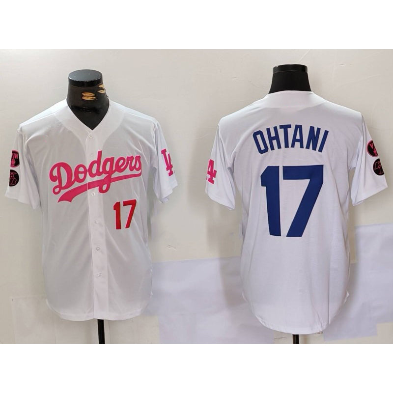 LA.Dodgers #17 Shohei Ohtani White Pink Vin & Kobe Patch Stitched Jersey