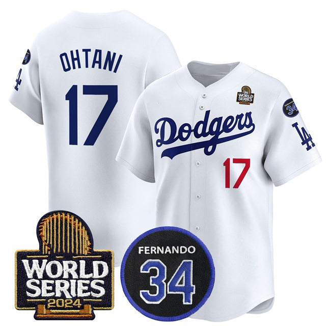 LA.Dodgers #17 Shohei Ohtani White 2024 World Series Home Limited With Fernando Memorial Patch Limited 2 Stitched Jersey