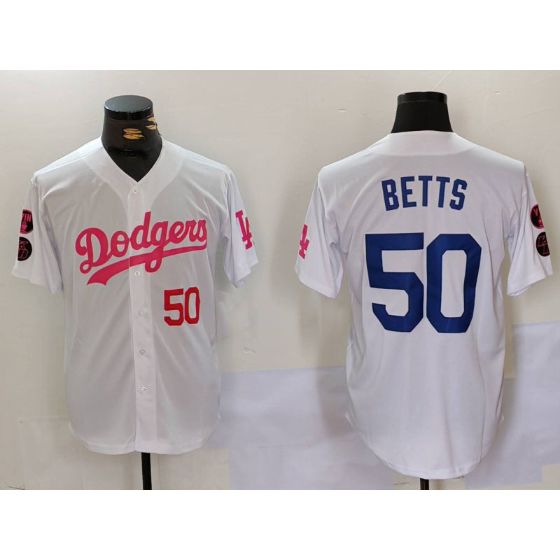 LA.Dodgers #50 Mookie Betts White Pink Vin & Kobe Patch Stitched 2 Stitched Jersey