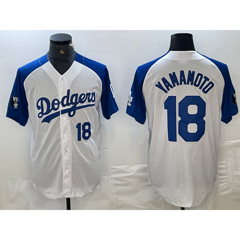 LA.Dodgers #18 Yoshinobu Yamamoto Number White Blue Fashion Stitched Cool Base 2 Limited Jersey