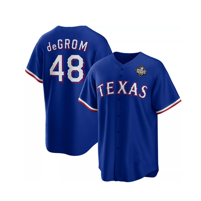 T.Rangers #48 Jacob deGrom Royal 2023 World Series Cool Base Stitched Jersey