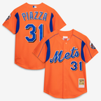 NY.Mets #31 Mike Piazza Mitchell & Ness Orange Cooperstown Collection Mesh Batting Practice Button-Up Jersey