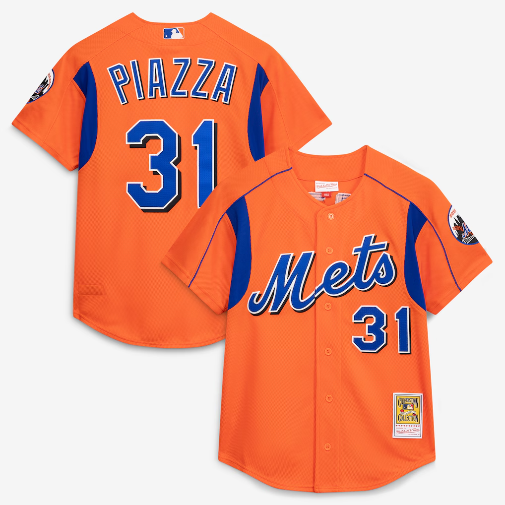 NY.Mets #31 Mike Piazza Mitchell & Ness Orange Cooperstown Collection Mesh Batting Practice Button-Up Jersey