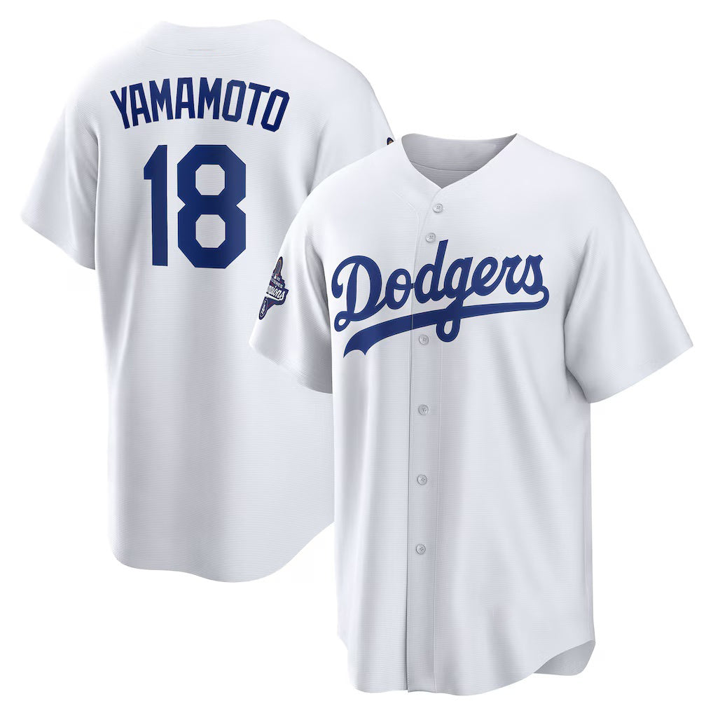 LA.Dodgers #18 Yoshinobu Yamamoto White 2025 World Series Champions Home Replica Jersey