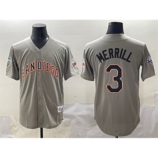 SD.Padres #3 Jackson Merrill Gray Fashion Throwback With Patch Cool Base Stitched Jersey