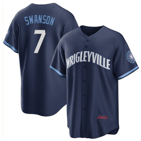 C.Cubs #7 Dansby Swanson Navy City Connect Cool Base Stitched Jersey