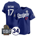 LA.Dodgers #17 Shohei Ohtani Royal 2024 World Series With No. 34 Patch Cool Base Stitched Jersey