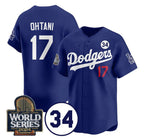 LA.Dodgers #17 Shohei Ohtani Royal 2024 World Series With No. 34 Patch Cool Base Stitched Jersey