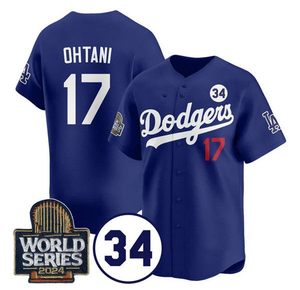 LA.Dodgers #17 Shohei Ohtani Royal 2024 World Series With No. 34 Patch Cool Base Stitched Jersey