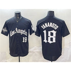 LA.Dodgers #18 Yoshinobu Yamamoto Black LA Gothic Style With 2025 World Series Champions Patch Limited Stitched Jersey