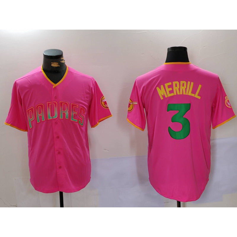 SD.Padres #3 Jackson Merrill Pink Player Number Fashion Jersey