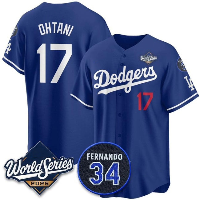 LA.Dodgers #17 Shohei Ohtani Royal 2025 World Series With No.34 Patch Limited Stitched Jersey