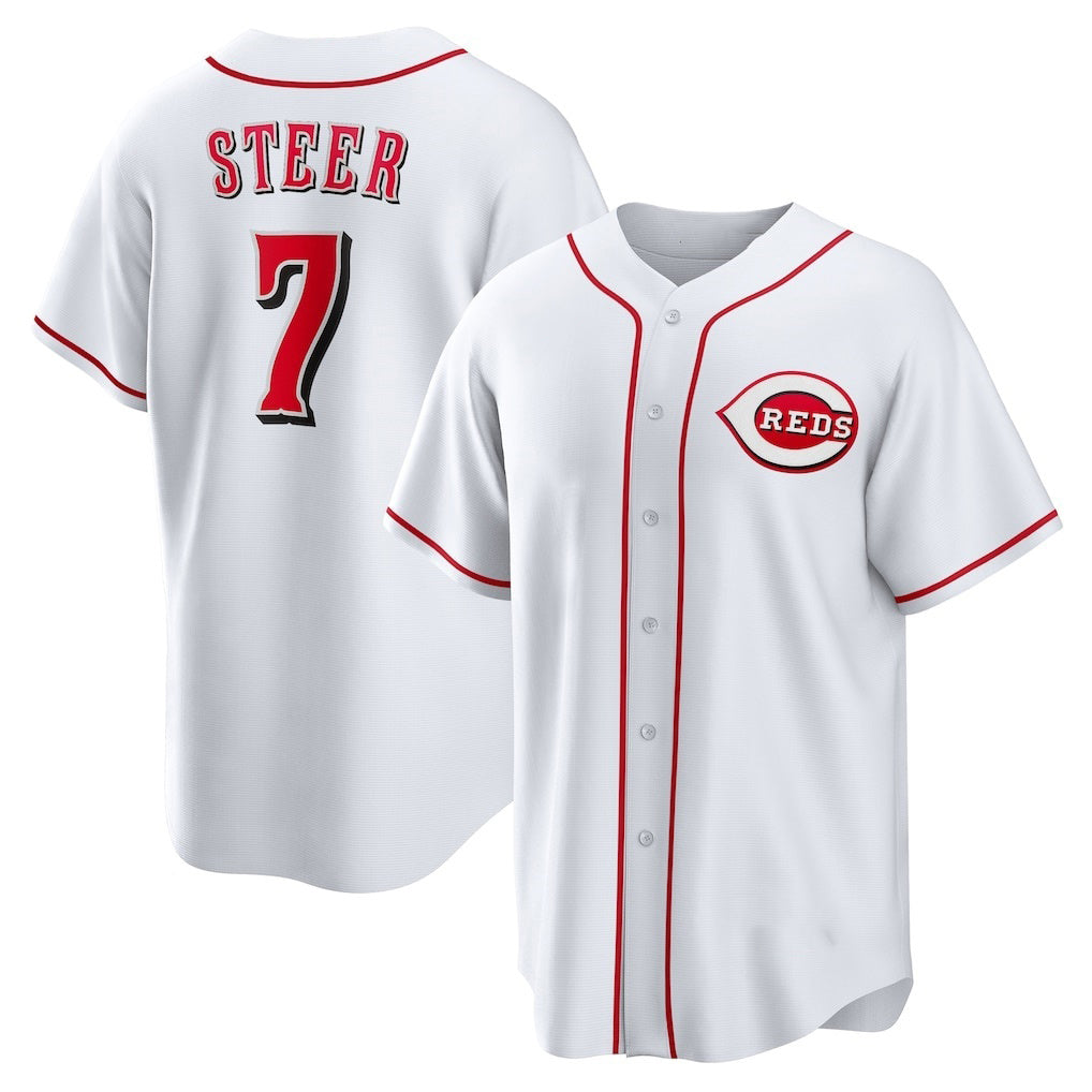 C.Reds #7 Spencer Steer White Home Replica Jersey