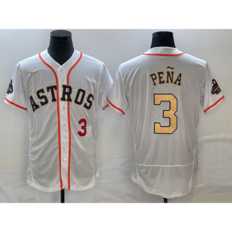 H.Astros #3 Jeremy Pena Number 2023 White Gold World Serise Champions Patch Flex Base Stitched Jersey