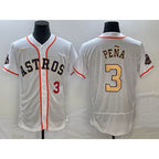 H.Astros #3 Jeremy Pena Number 2023 White Gold World Serise Champions Patch Flex Base Stitched Jersey