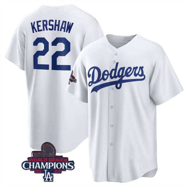 LA.Dodgers #22 Clayton Kershaw White 2024 World Series Champions Cool Base Stitched Jersey