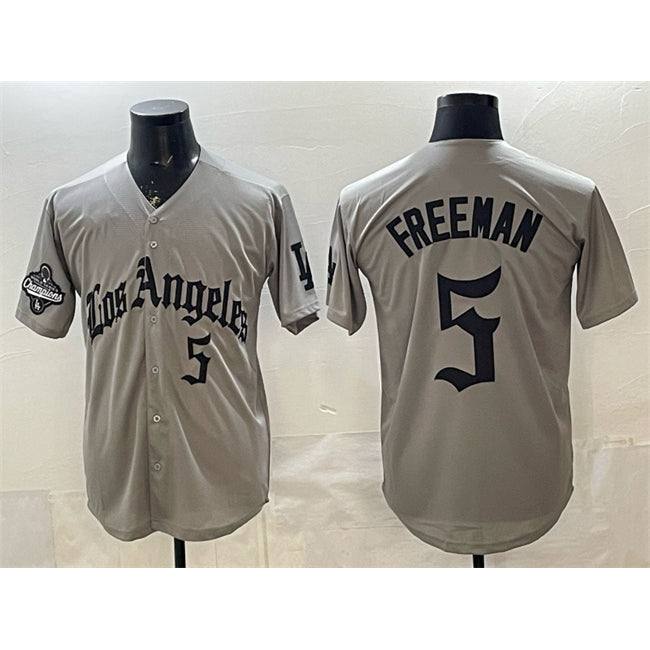 LA.Dodgers #5 Freddie Freeman Gray LA Gothic Style With 2025 World Series Champions Patch Limited Stitched Jersey