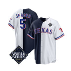 T.Rangers & Cowboys #5 Corey Seager Navy White 2023 World Series Splite Stitched  Jersey