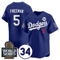 LA.Dodgers #5 Freddie Freeman Royal 2024 World Series With No. 34 Patch Cool Base Stitched Jersey