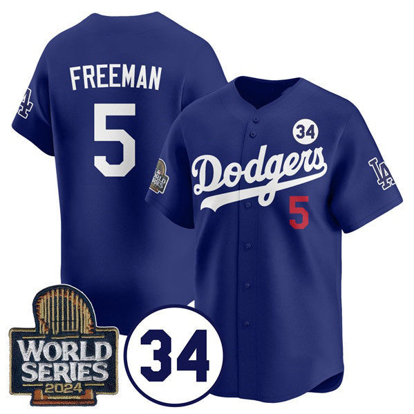 LA.Dodgers #5 Freddie Freeman Royal 2024 World Series With No. 34 Patch Cool Base Stitched Jersey