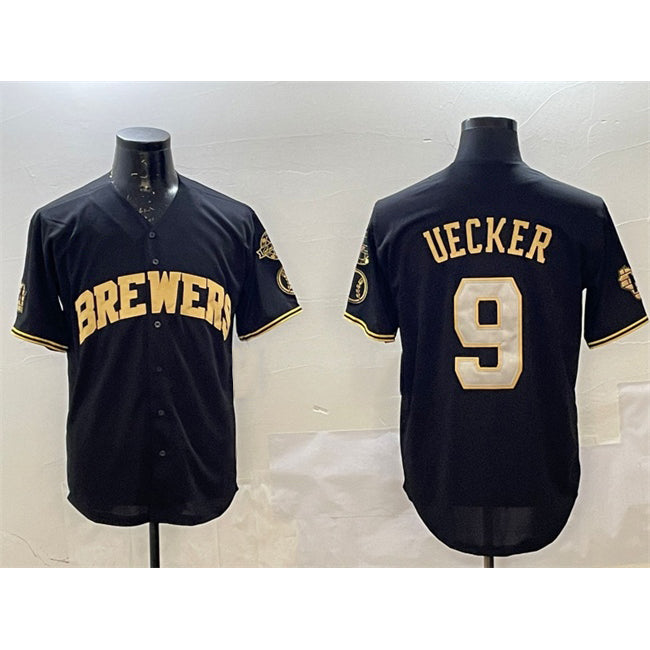 M.Brewers #9 Bob Uecker Black Gold With Home Patch Limited Stitched Jersey