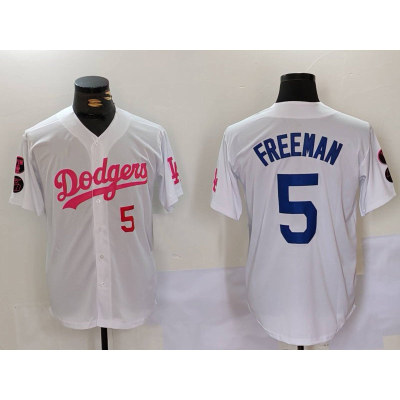 LA.Dodgers #5 Freddie Freeman White Pink Vin & Kobe Patch Stitched Jersey
