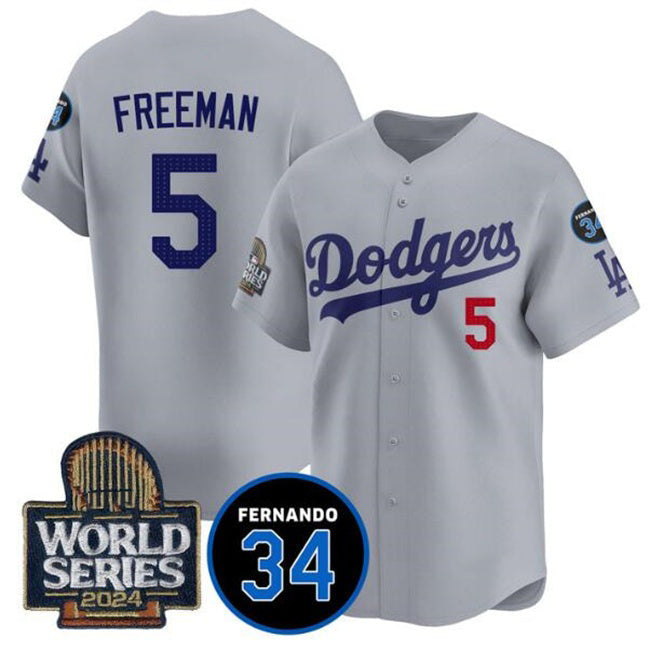 LA.Dodgers #5 Freddie Freeman Gray 2024 World Series With Fernando Memorial Patch Limited Stitched Jersey