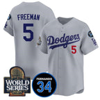 LA.Dodgers #5 Freddie Freeman Gray 2024 World Series With Fernando Memorial Patch Limited Stitched Jersey