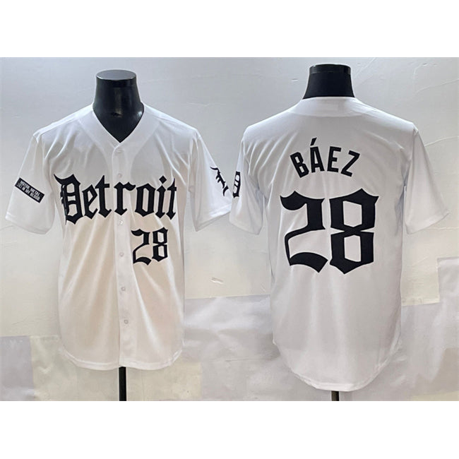 D.Tigers #28 Javier Baez White Motor Gothic Edition Vapor Premier Limited Stitched Jersey