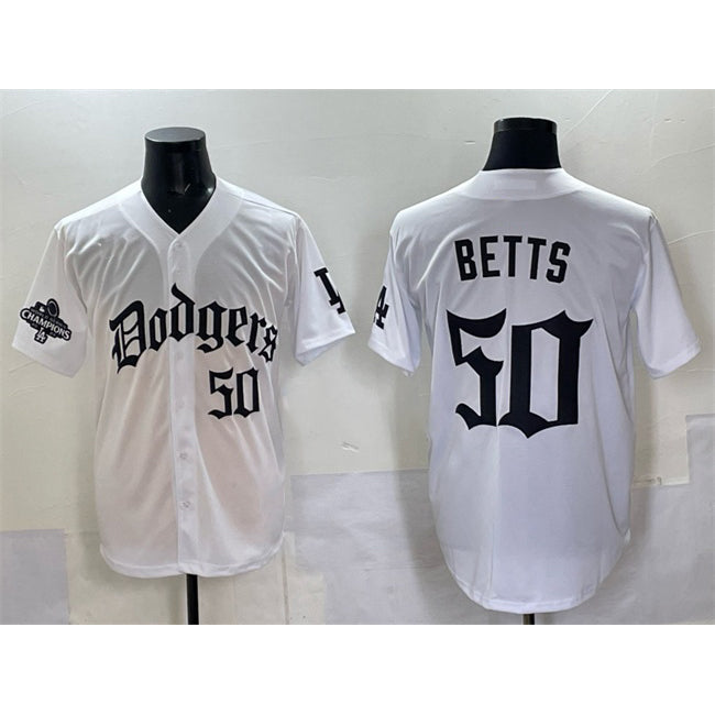 LA.Dodgers #50 Mookie Betts White 2025 LA Gothic Style With 2024 World Series Champions Patch Vapor Premier Limited Stitched Jersey