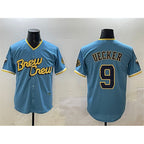 M.Brewers #9 Bob Uecker Powder Blue City Connect With Patch Cool Base Stitched Jersey