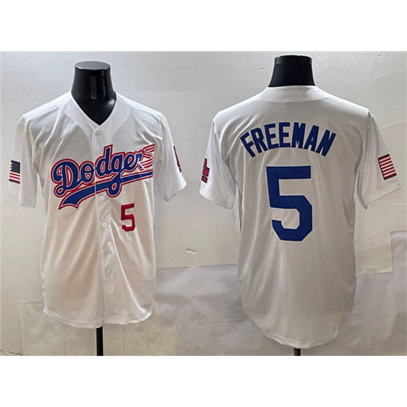 LA.Dodgers #5 Freddie Freeman White With American Flag Patch Limited Stitched Jersey