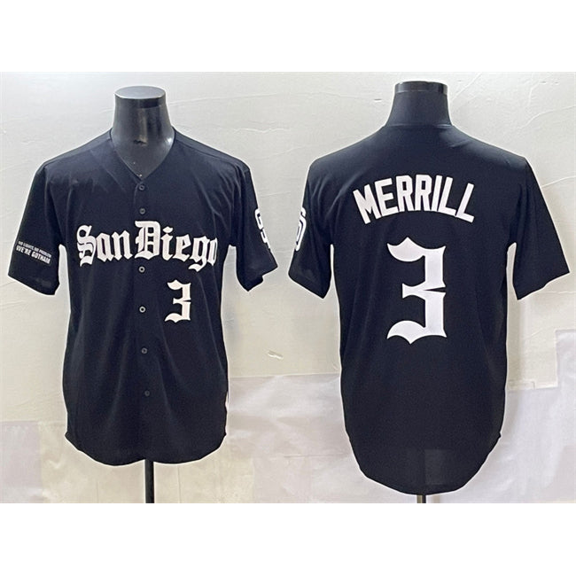 SD.Padres #3 Jackson Merrill Black Gothic Edition Vapor Limited Stitched Jersey
