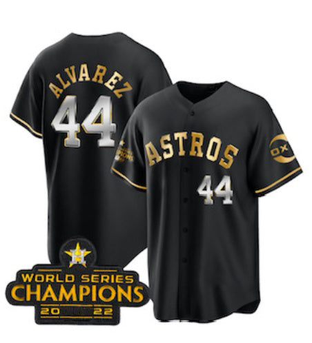 H.Astros #44 Yordan Alvarez Black Gold 2022 World Serise Champions Patch Stitched  Jersey