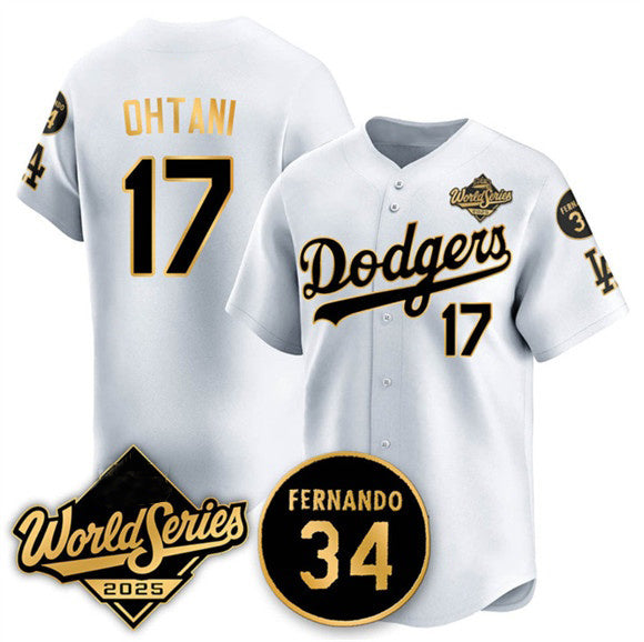 LA.Dodgers #17 Shohei Ohtani White Gold 2025 World Series With No.34 Patch Limited Stitched Jersey