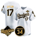 LA.Dodgers #17 Shohei Ohtani White Gold 2025 World Series With No.34 Patch Limited Stitched Jersey